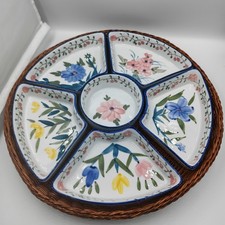 Vintage divided dish snack serving set hand painted in original basket and box