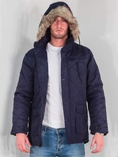 BRAVE SOUL MENS QUILTED PARKA HOODED WINTER THICK COAT NAVY BLUE MULTIPLE SIZES