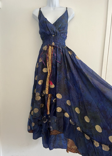 Blue silk dress long bohemian - silk,