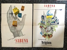 2x Original Sabena Airlines Aviation Posters c1950’s Travel Memorabilia VG
