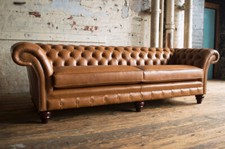 LARGE HANDMADE 4 SEATER VINTAGE TAN BROWN LEATHER CHESTERFIELD SOFA, SETTEE