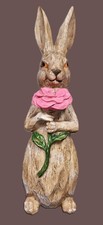 Large Hare,  Bunny Rabbit With Rose.  Wood Effect Resin Sculpture. 47 cm.