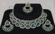 Green Indian bollywood bridal Necklace tikka earring jewellery kundan set