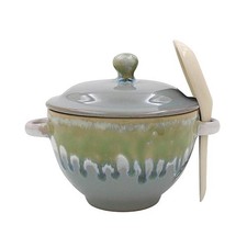 Reactive Glaze Soup Bowl with Lid & Spoon Gradient Green Ceramic Stoneware Dish