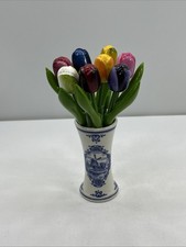 8 Mini Wooden Tulips in a Delft Blue Vase