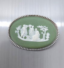 Vintage Green Wedgwood Brooch Marked Silver