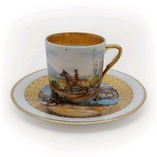 C.P. Limoges Porcelain China Cup & Saucer Hand Painted Hunting Scene 60ml Vtg