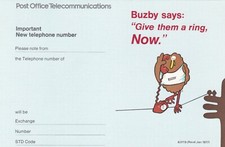 GB: 1977: Buzby New Telephone number card, with 'Buzby says' text, unused