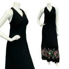 VTG 60S 70S BLACK PURPLE GREEN BRONZE PEACOCK EMBROIDERED HALTER MAXI DRESS 10