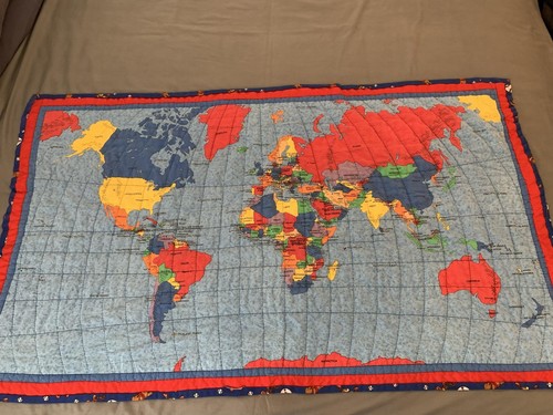 Handmade blue world map quilt - blue,