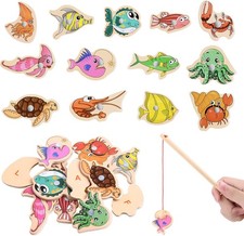 OFFCUP Magnetic Fishing Game for Kids, 14 Pcs Wooden Fish Educational Toys, Oce