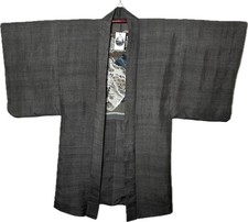 Japanese Men’s Grey Silk Long Haori, Samurai & Clouds Lining, Vintage Handmade