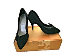 Suede/leather look Size5 shoes 4in heel by Additions diamanté+bow decor in Black
