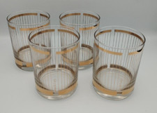 Set of 4 MCM Georges Briard Mirror Gold Vertical Lines Rocks Whiskey Glass 14oz