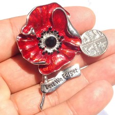 Large Red Popy Flower Brooch Pin Vintage Silver Enamel Rhinestone Diamante badge