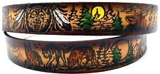  WOLF WESTERN FEATHERS ANIMAL EMBOSSED GENUINE COWHIDE LEATHER BELT USA MADE