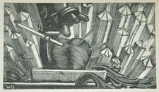 MICROSCOPE, HEART & SNAKE : Print of Woodcut C1940 Science Lab