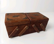 Small Vintage Wooden Sliding/Folding Jewellery Box w/Elephant Motif on Lids