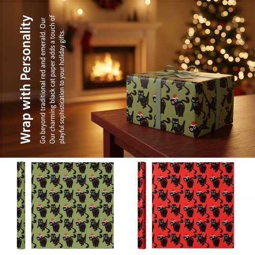 Black cat christmas wrapping - black,