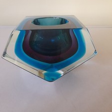 MID CENTURY Large Heavy Murano sommerso facetted art glass bowl (See Condition)