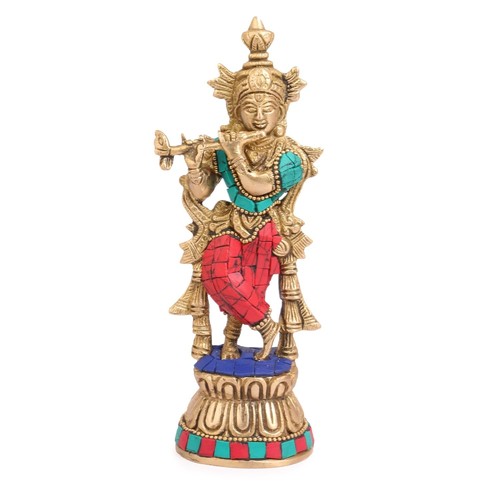 Brass hindu god playing flute - playing,