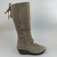 Fly London Yust Taupe Suede Knee High Zip Up Wedge Winter Dress Boots EU40 UK7