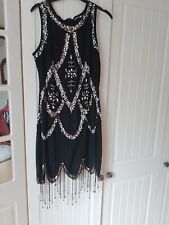 Black & Silver Gatsby Style Fringe Sequined  Flapper Dress - Size 10