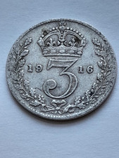 1916 King George V Sterling Silver Threepence Three Pence 3p 3d Light Circulatio