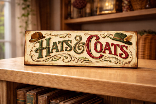 Hats and coats sign - , cloakroom