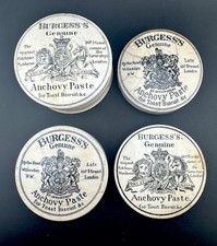 4 x Antique Burgess Anchovy Paste Transfer Printed Pot Lids - 1 x On A Base