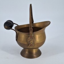 Vintage Small Copper Brass Coal Ash Scuttle Bucket Wolf Head Wooden Handle 7”