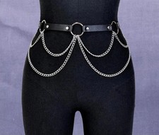 New Black Gothic PU Leather Silver Chain & O Ring Belt Plus Size XL 33" - 42"