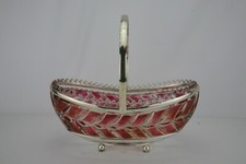 Vintage(1950s)Walther Kristallglas Cranberry Oval Glass Bowl & Metal Basket