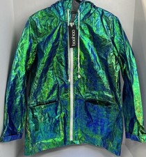Boohoo Green/ Blue Holographic Festival Hooded Rain PVC Jacket Coat Size S/M