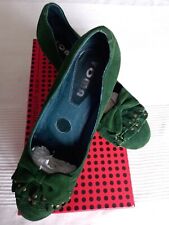 Yoma Ladies Suede Wedges UK3 Green Pleated Front Detail Studs Bow Vintage Style