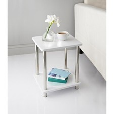 White High Gloss 2 Tier Shelf Unit With Stainless Steel Legs Living Room Decor 