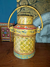 VINTAGE INDIAN HAND PAINTED METAL MILK CAN / CHURN
