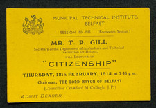WW1 Era Belfast Ticket, Municipal Tech. Institute Lecture, Lord Mayor McCullagh
