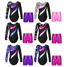UK Girls Gymnastics Leotards Long Sleeve Shiny Ballet Dance Leotard with Shorts