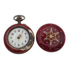 Antique Swiss 800 Solid Silver Enamel Pocket Watch 28.6mm (6s) Red Guilloché