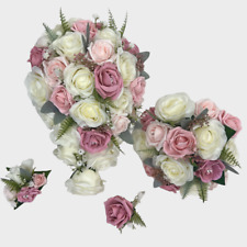 Wedding Flowers Ivory mixed pinks Bouquet Bride, Bridesmaid, Flower-Girl Wand