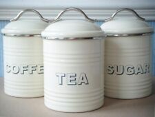 3 Cream Metal Kitchen Storage Canisters/Tins, Tea/Coffee/Sugar, Airtight, VGC