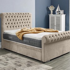 Sleigh Bed Frame Plush Velvet Gas Lift Chesterfield Double & King Size Bed