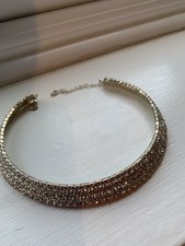 Choker Crystal Necklace Rhinestone Silver Wide Diamante Sparkly 3 row party 