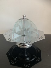 Vintage Chrome Plated & Etched Glass Divided Art Deco Cake Stand