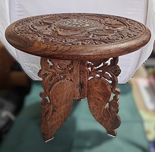 Vintage Indian Inlaid Hand Carved Wooden Folding Side Table or Plant Stand