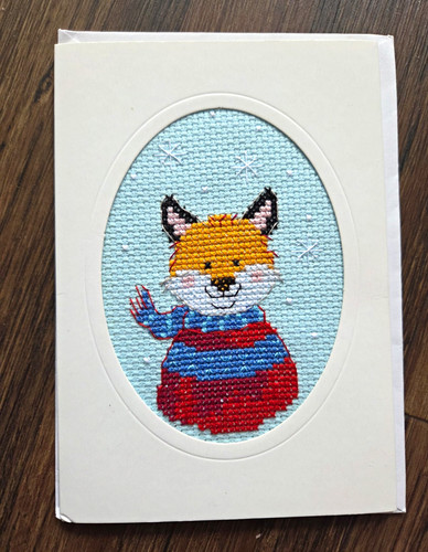 Handmade cross stitch card fox - stitch,