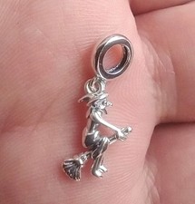 Bracelet Charm Witch & Broom Halloween 925 Sterling Silver Charm + Velvet Pouch 
