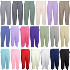 Ladies 3/4 Cropped Capri Trousers Elasticated Waist Summer Lightweight Casual