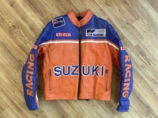 Vintage Suzuki Racing Leather Motorcycle Padded Jacket Orange Blue Size Medium
